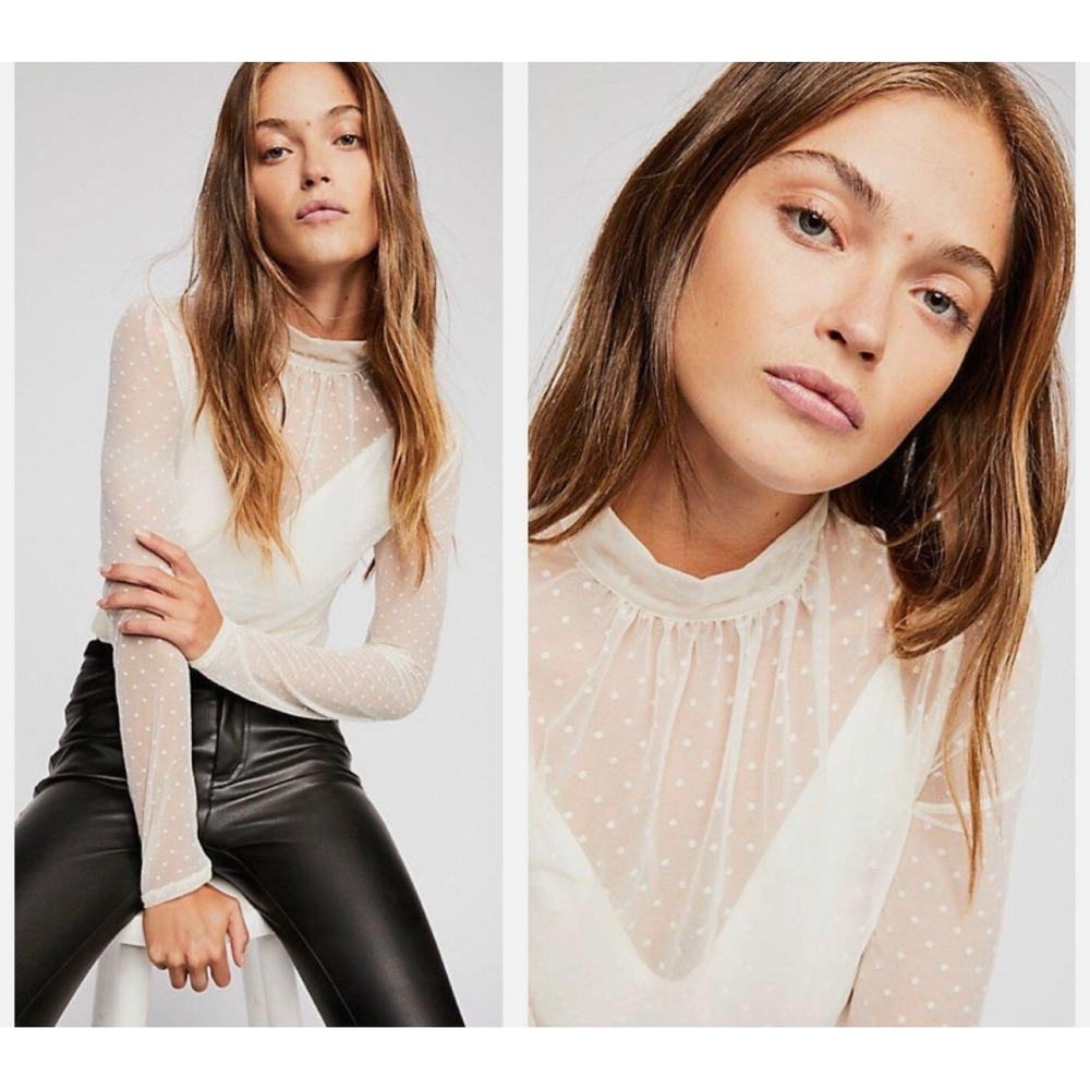 Free People Intimates‎ Sheer Dot Bodysuit Mock Neck Cream Romantic Coquette Sz S